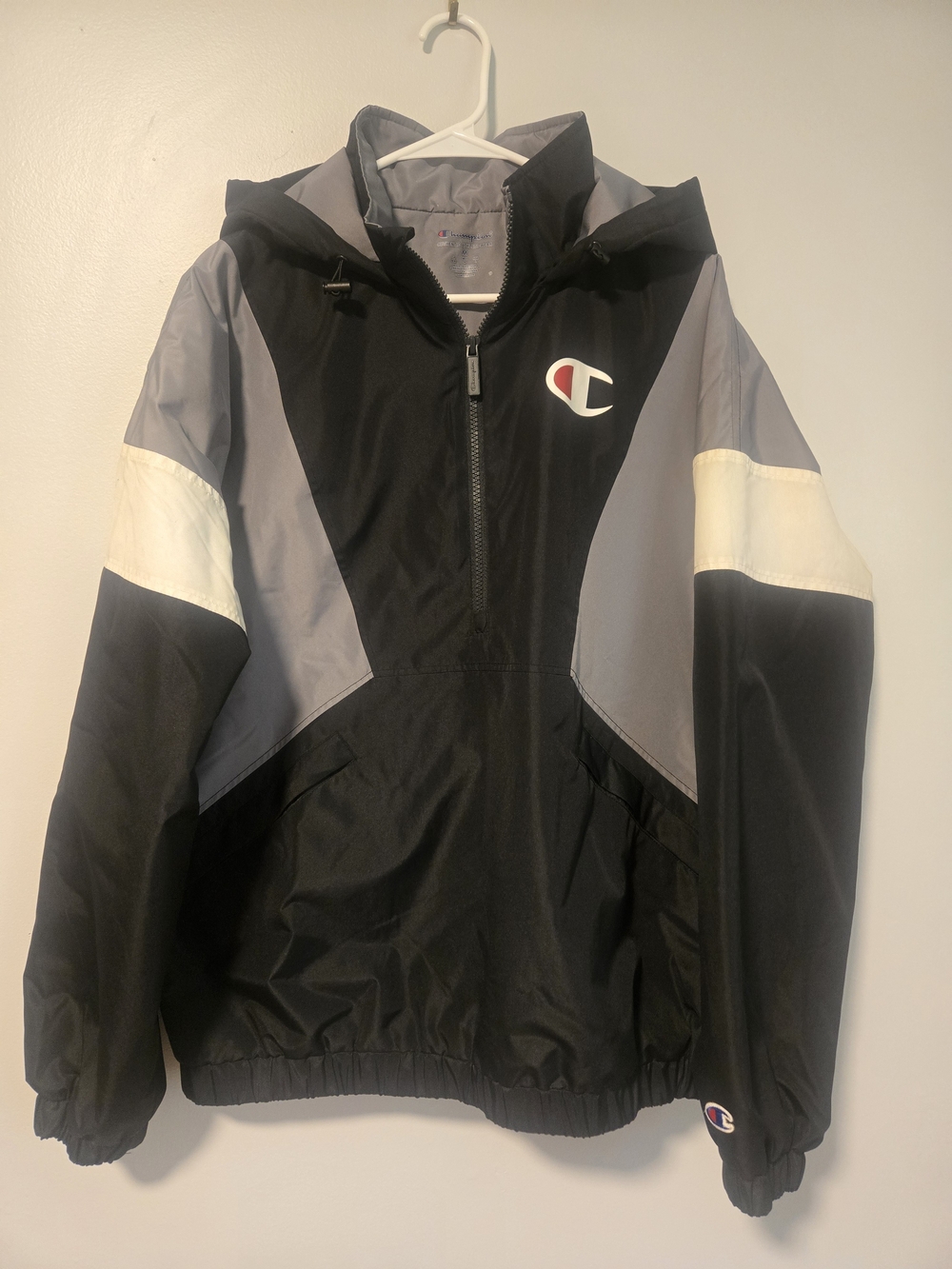 Champion Black, Gray & White Colorblock Hooded Rain Jacket